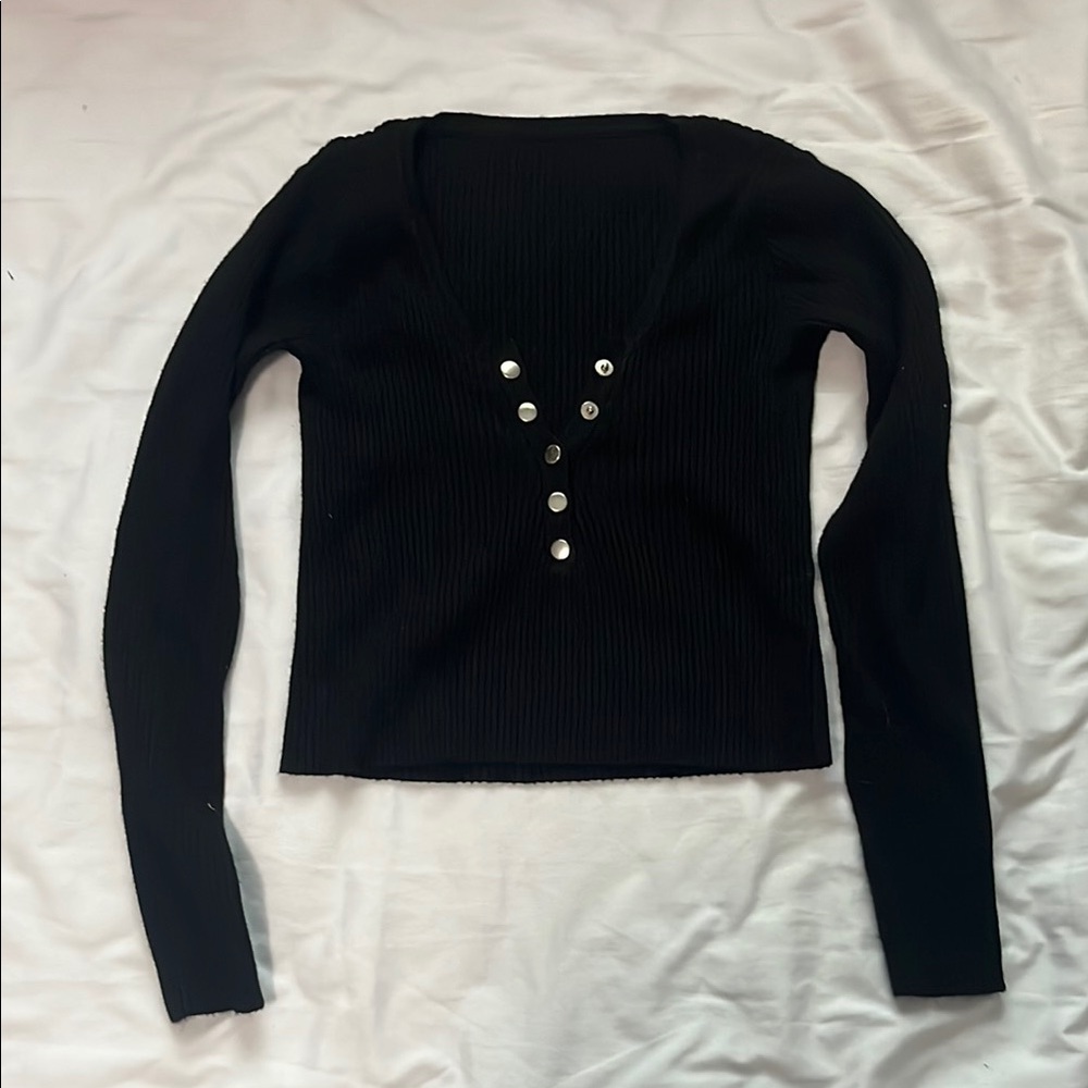 Black Ribbed Long Sleeve Crop Top